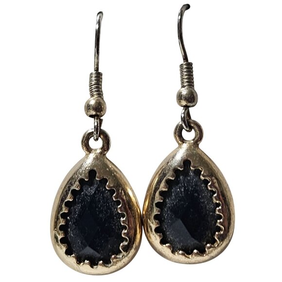 Elegant Retro Gold Tone Black Gemstone Teardrop Earrings Classic Fashion Jewelry - Picture 1 of 4